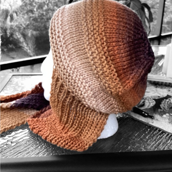 Hat Scarf Set Hand Crafted Brown Tan Rust Multicolored Ombre Knit - Picture 3 of 16